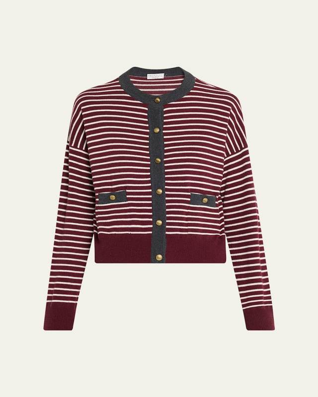 Striped Wool-Cashmere Crewneck Cardigan
